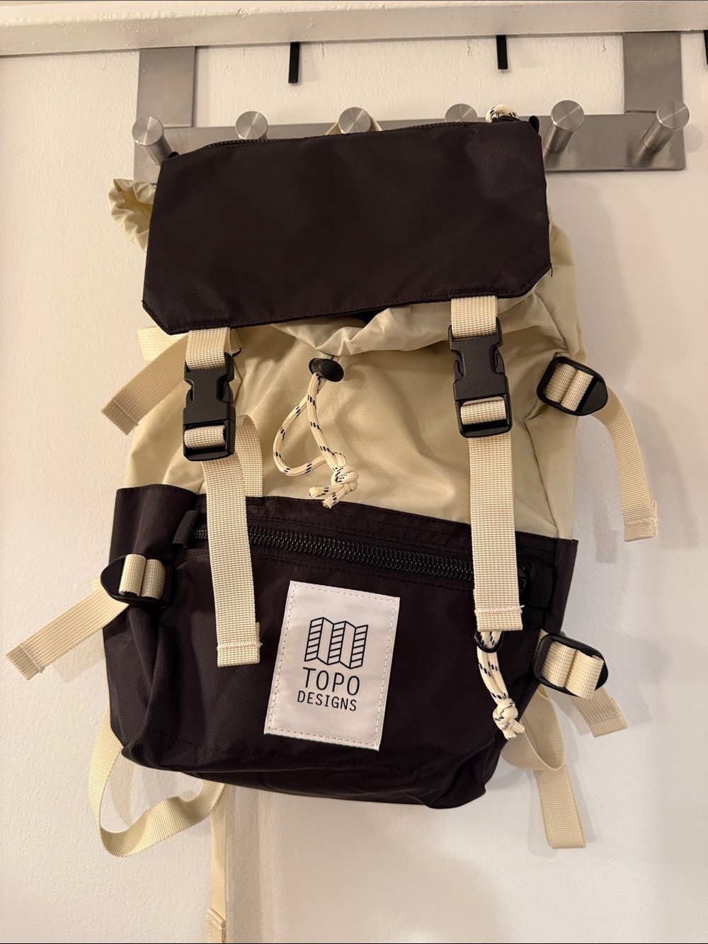 Topo Designs Two-Tone Black and Cream Roll-Top Backpack (Rover Pack Mini)